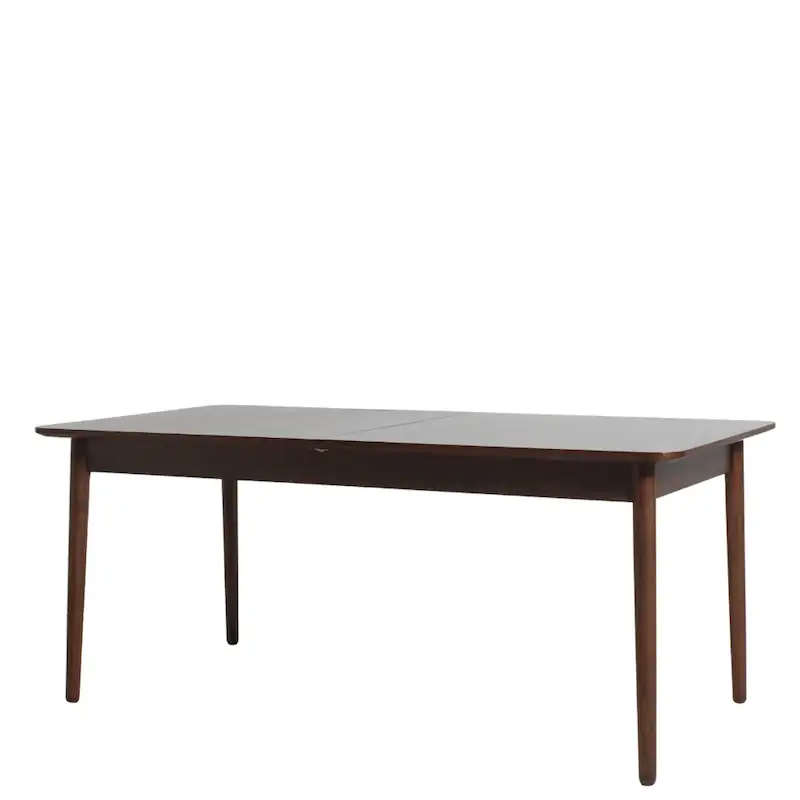 Table à manger extensible Kassel en frêne de trois quarts, pieds ronds fuselés et plateau aux angles arrondis