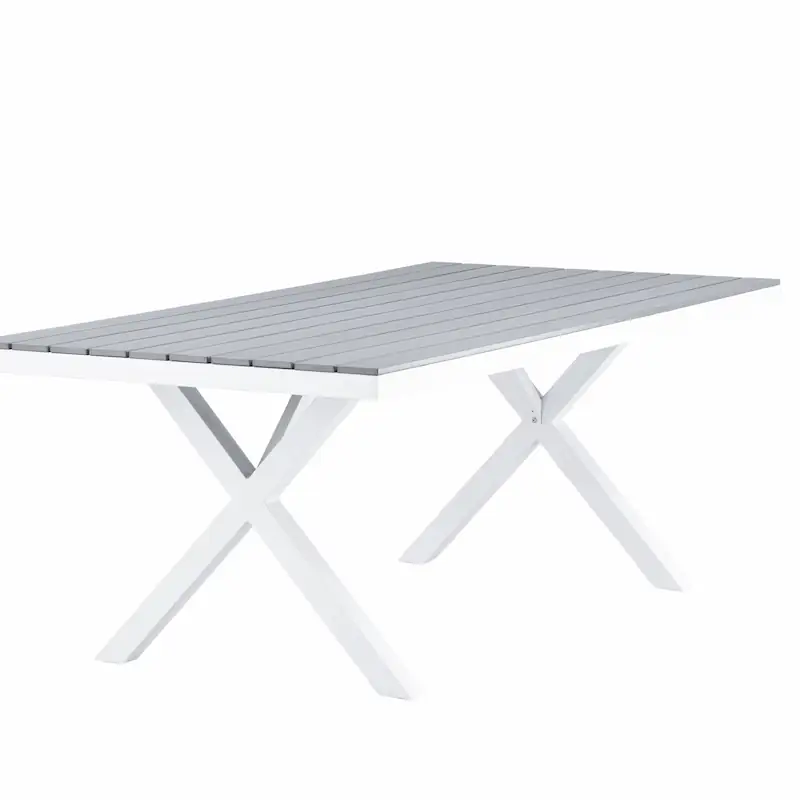 Table Garcia en trois quarts, plateau gris clair et pieds en X