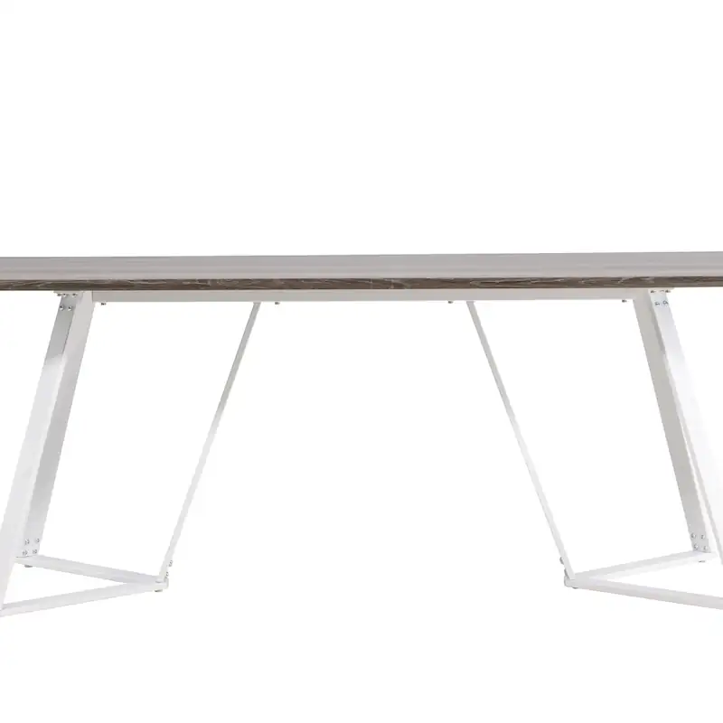 Table à manger Marina grise vue de face, plateau de 180 cm sur pieds blancs