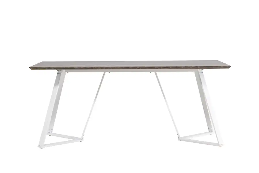 Table à manger Marina grise vue de face, plateau de 180 cm sur pieds blancs