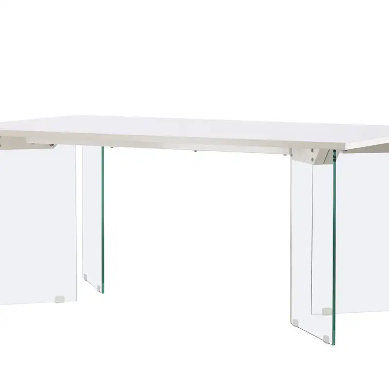 Ester en vue de trois quarts, pieds en verre transparent sous le plateau gris clair