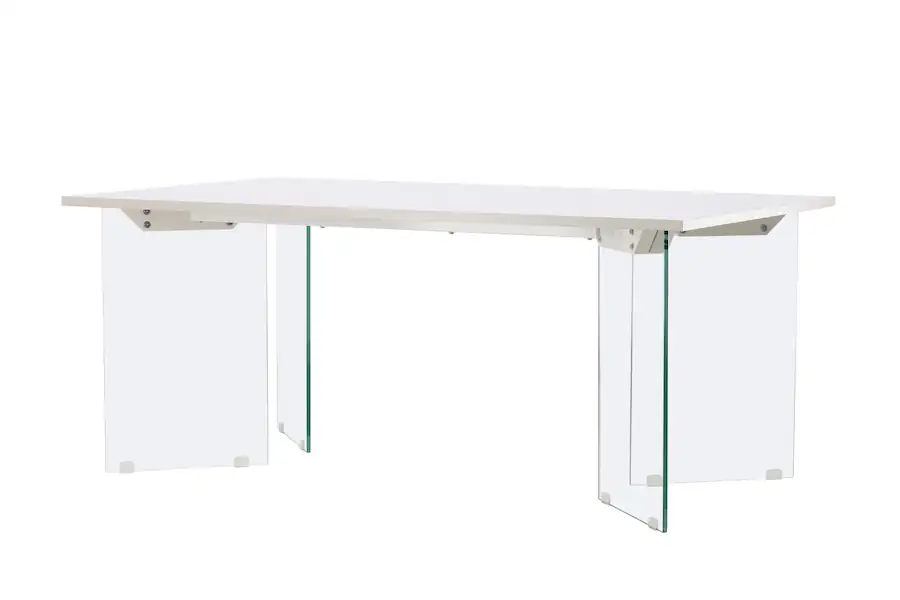 Ester en vue de trois quarts, pieds en verre transparent sous le plateau gris clair