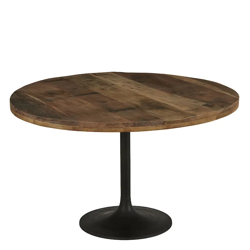Table à manger ronde Hartley Athezza, plateau en planches d'acacia patiné sur pied central en fer noir évasé