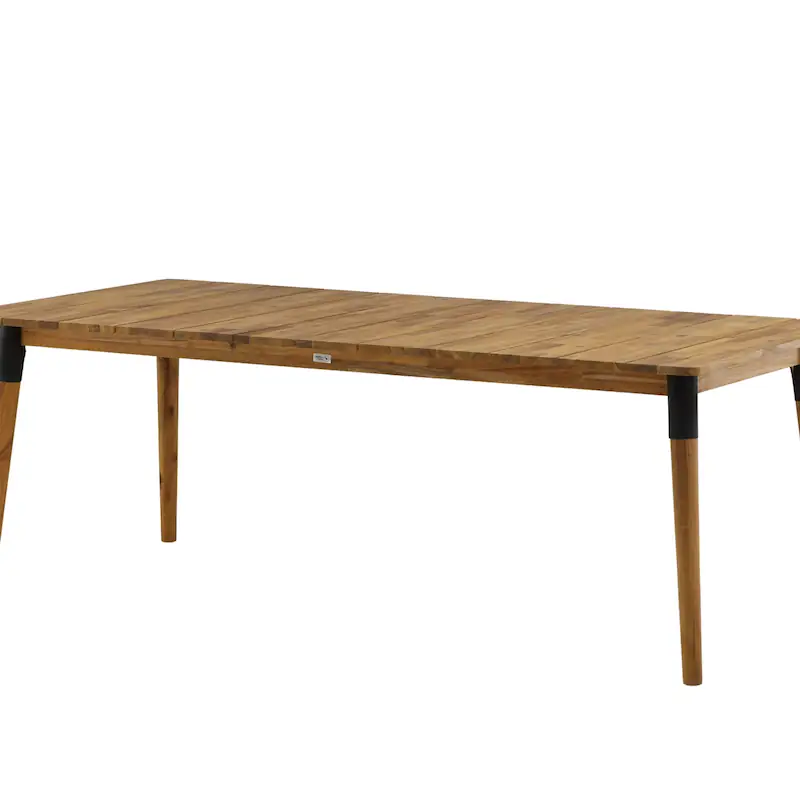 Table de jardin en acacia Julian en trois quarts, plateau en bois et pieds coniques