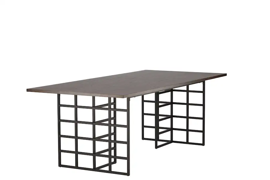 Table à manger moka Furniture Fashion de trois quarts, deux piètements grille en métal noir