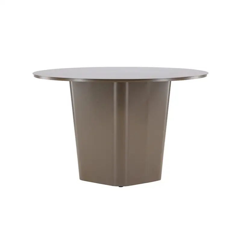 Table de jardin ronde Santa Fe en aluminium vue de face, plateau de 120 cm sur large pied central