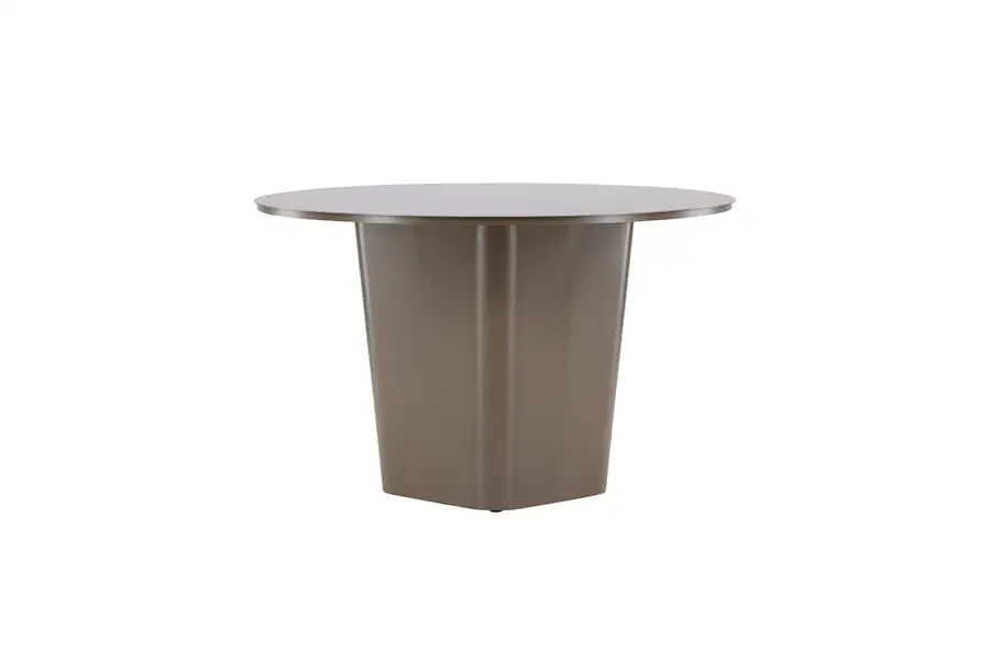 Table de jardin ronde Santa Fe en aluminium vue de face, plateau de 120 cm sur large pied central