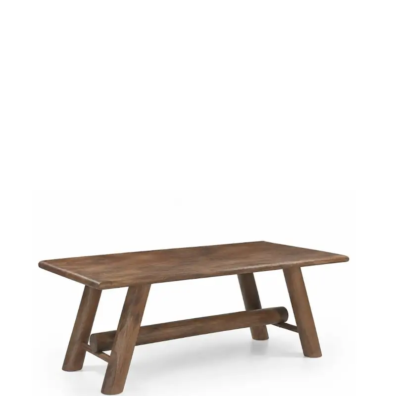 Table à manger Lucien en manguier marron, pieds ronds inclinés et barre basse