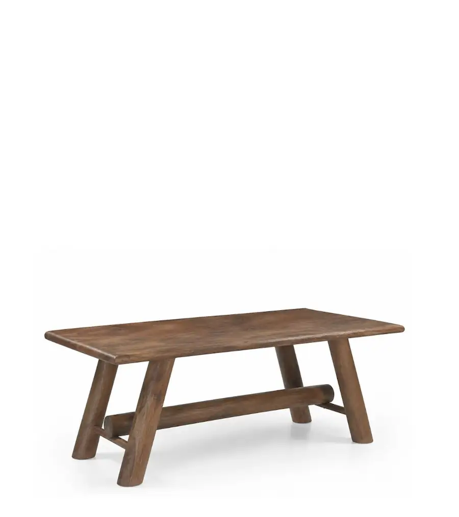 Table à manger Lucien en manguier marron, pieds ronds inclinés et barre basse