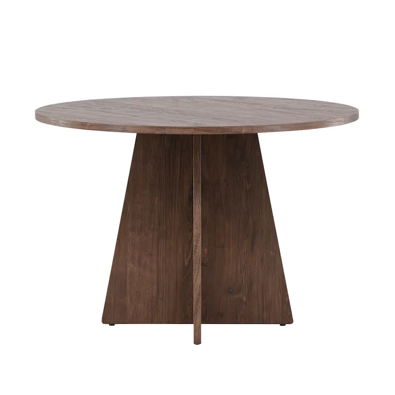 Table à manger ronde Bootcut marron vue de face, plateau foncé et pied central en croix