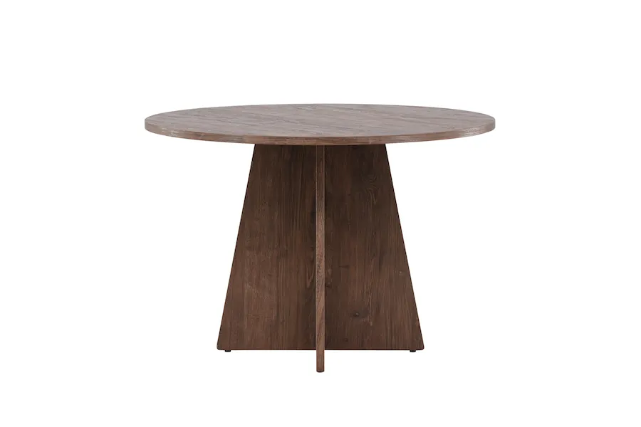 Table à manger ronde Bootcut marron vue de face, plateau foncé et pied central en croix