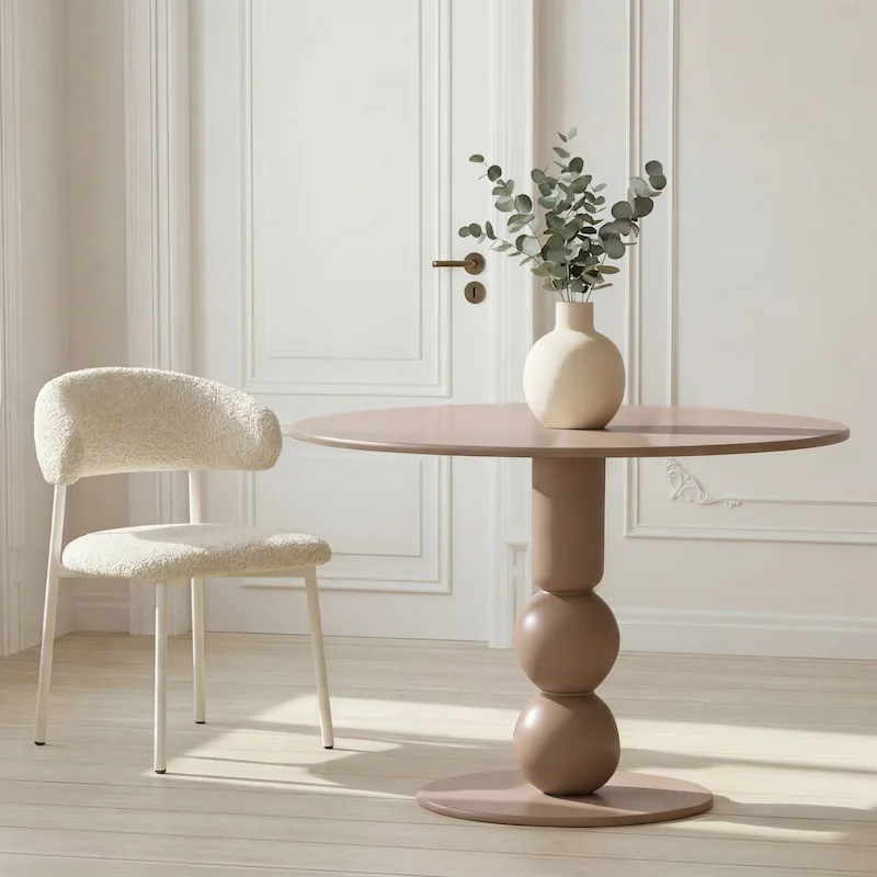 Table à manger ronde Boule taupe sur fond blanc, pied en deux boules empilées