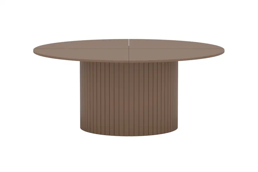 Table à manger ronde taupe Härön vue de trois quarts, pied central cannelé