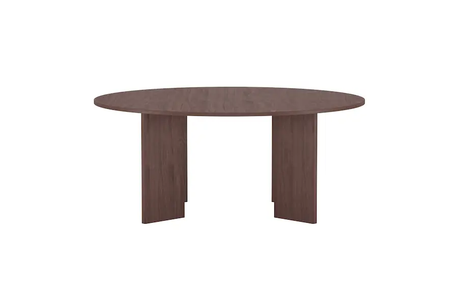 Table à manger ronde Graos marron de 180 cm sur larges pieds en panneaux, vue de côté