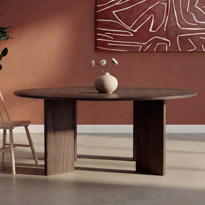 Table à manger ronde Graos marron de 180 cm sur larges pieds en panneaux, vue de côté