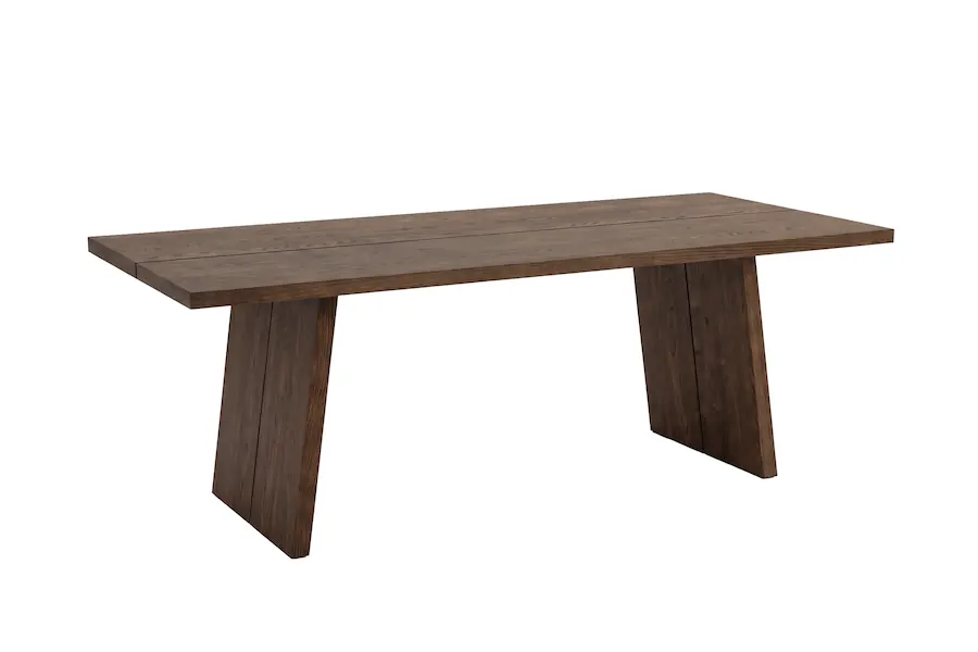 Table à manger Logga en chêne fumé vue de trois quarts, avec ses deux larges pieds