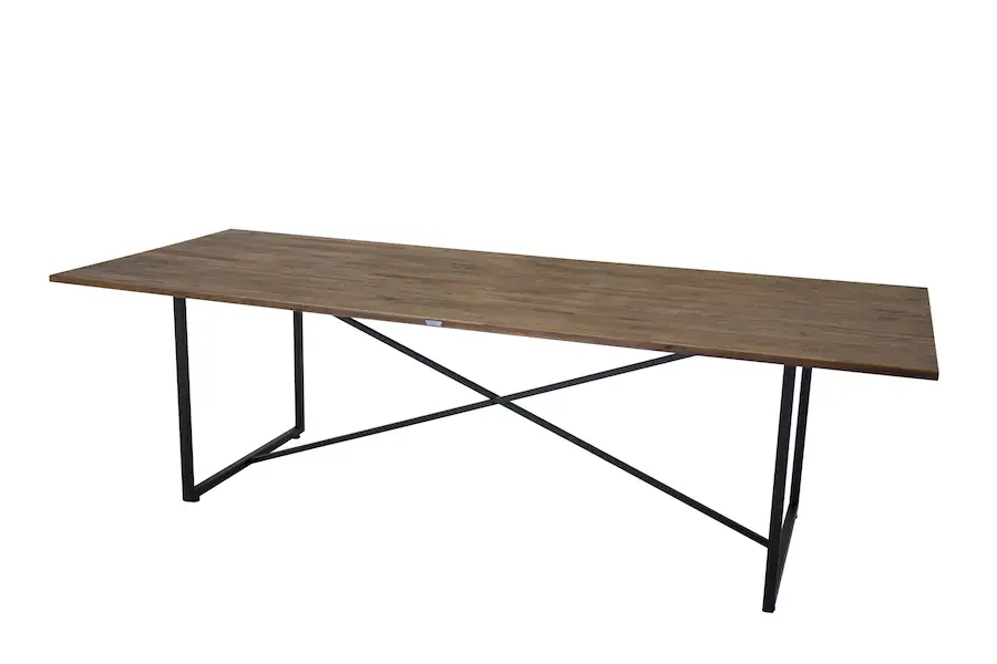 Table à manger en teck Padang vue en perspective, piétement noir croisé