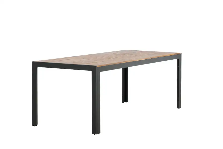 Table Bois en trois quarts : plateau à lames d'acacia et piétement noir