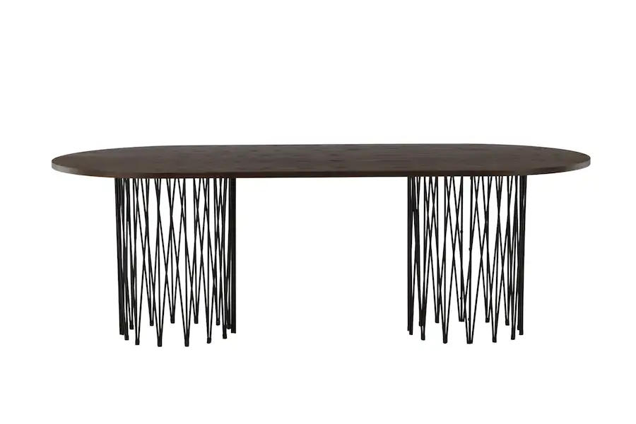 Table ovale vue de face sur fond blanc, deux pieds ajourés noirs
