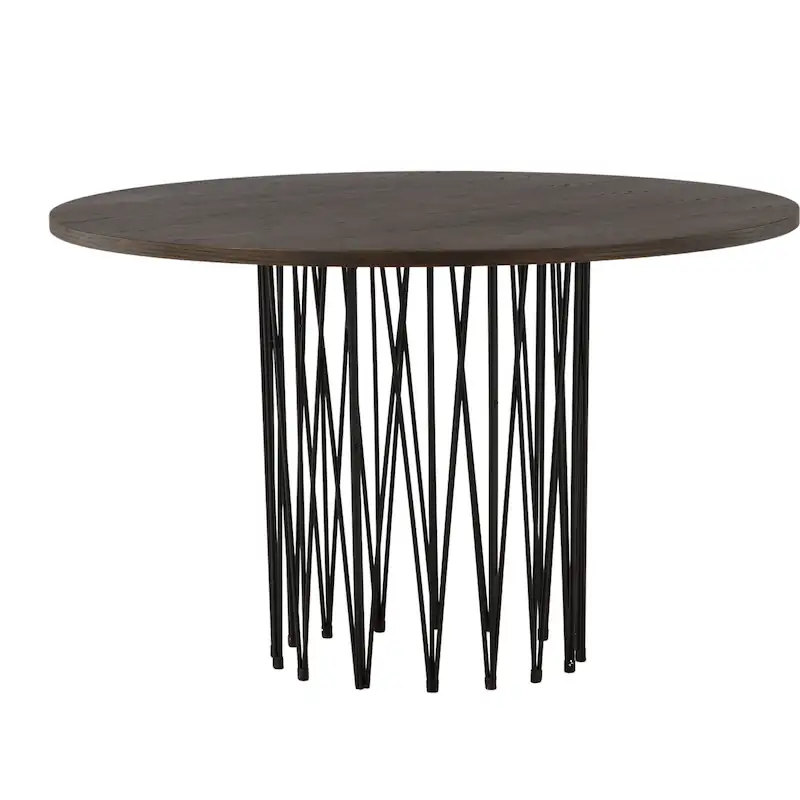 Table à manger ronde Stone vue de face, plateau brun foncé et pied en fils de métal noirs