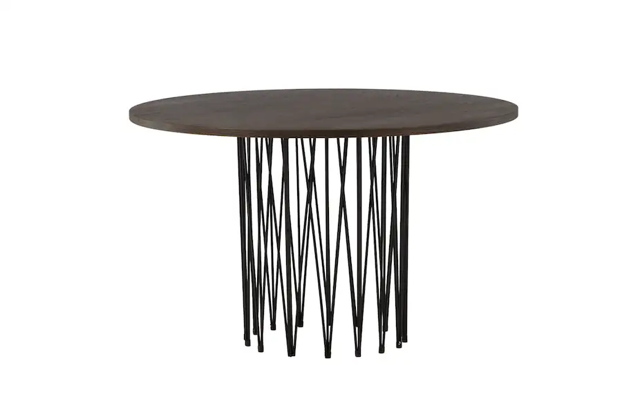 Table à manger ronde Stone vue de face, plateau brun foncé et pied en fils de métal noirs