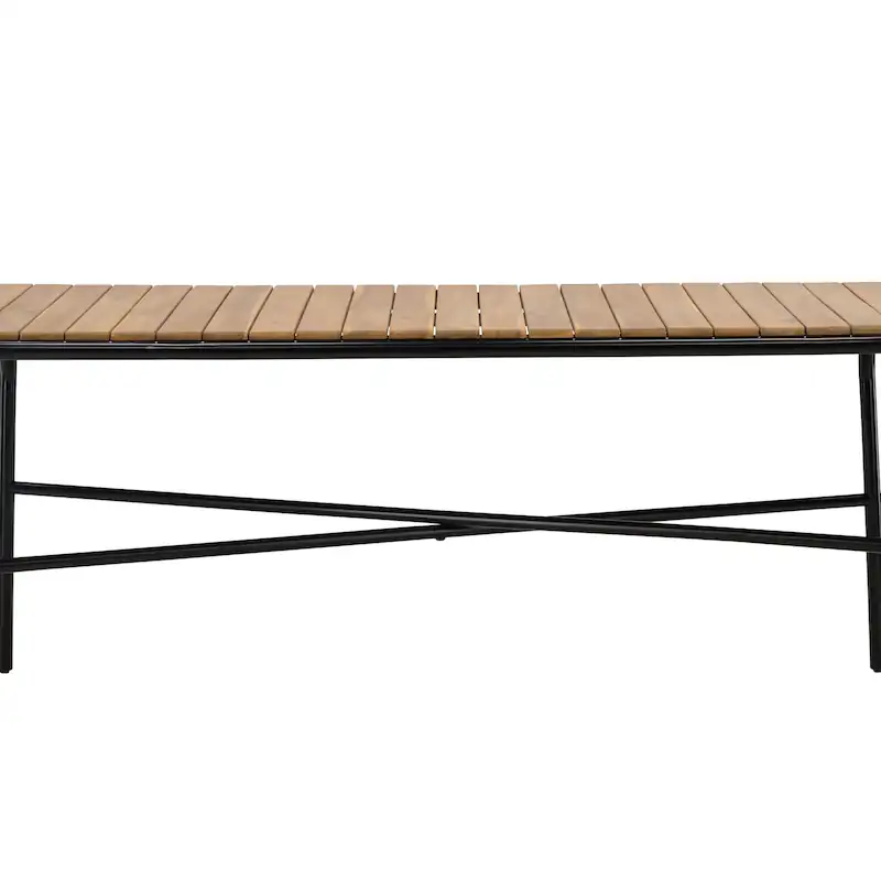 Table de jardin en acacia Holmbeck vue de côté, plateau à lattes et pieds en métal noir
