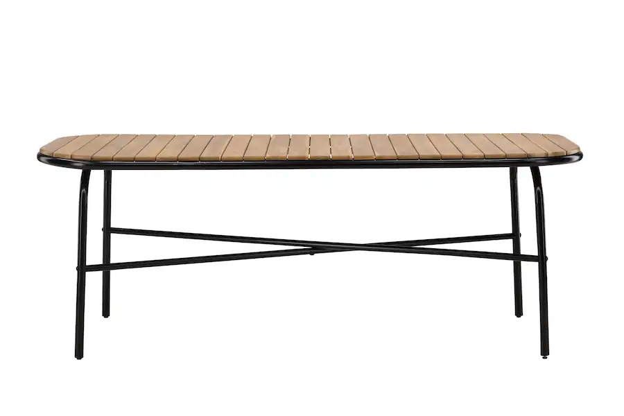 Table de jardin en acacia Holmbeck vue de côté, plateau à lattes et pieds en métal noir