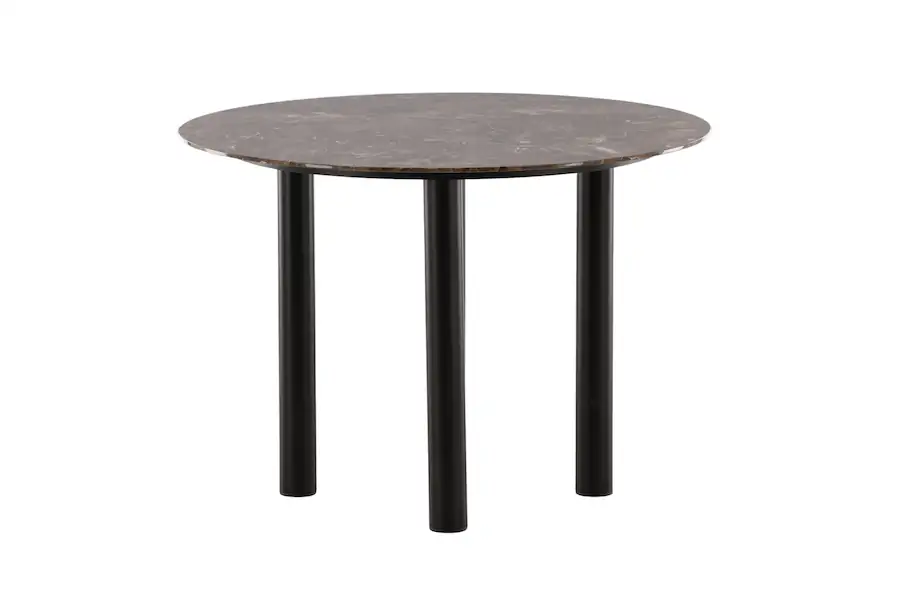 Table à manger ronde Havsten, plateau en verre à décor marbré brun sur quatre pieds noirs