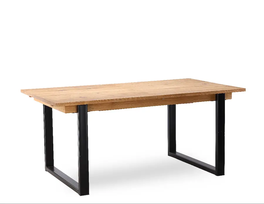 Table à manger extensible Sierra en chêne de trois quarts, deux piètements en U en métal noir