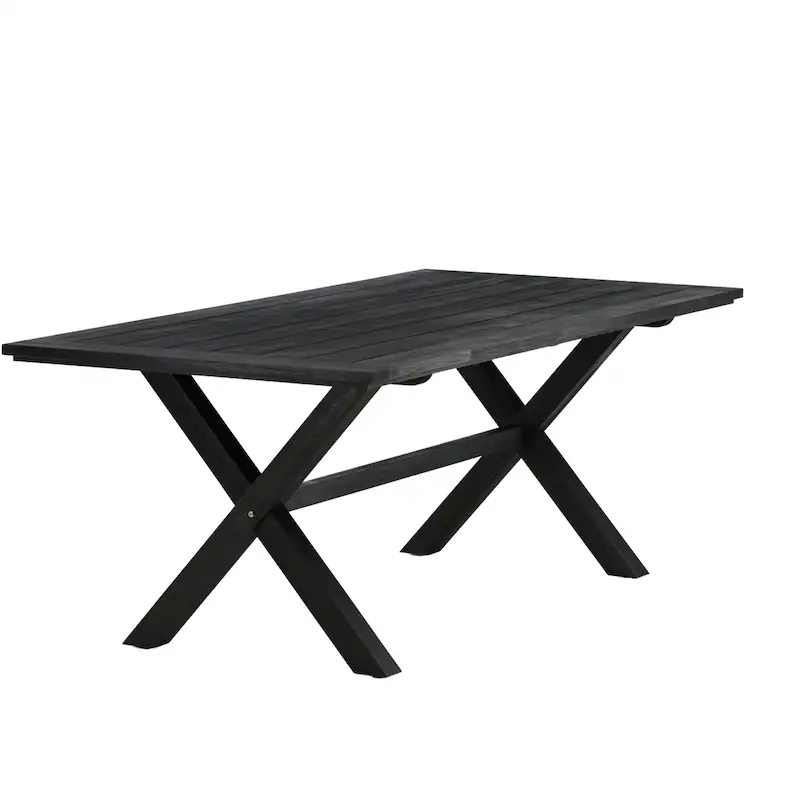 Table de jardin en acacia Rives, plateau noir et piétement en X, vue de trois quarts