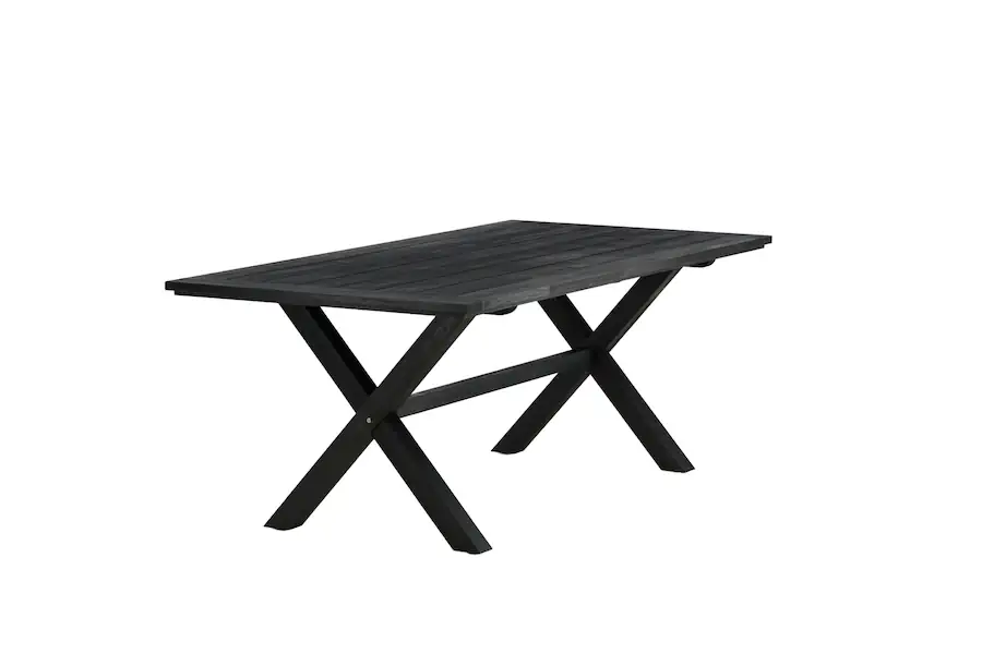 Table de jardin en acacia Rives, plateau noir et piétement en X, vue de trois quarts