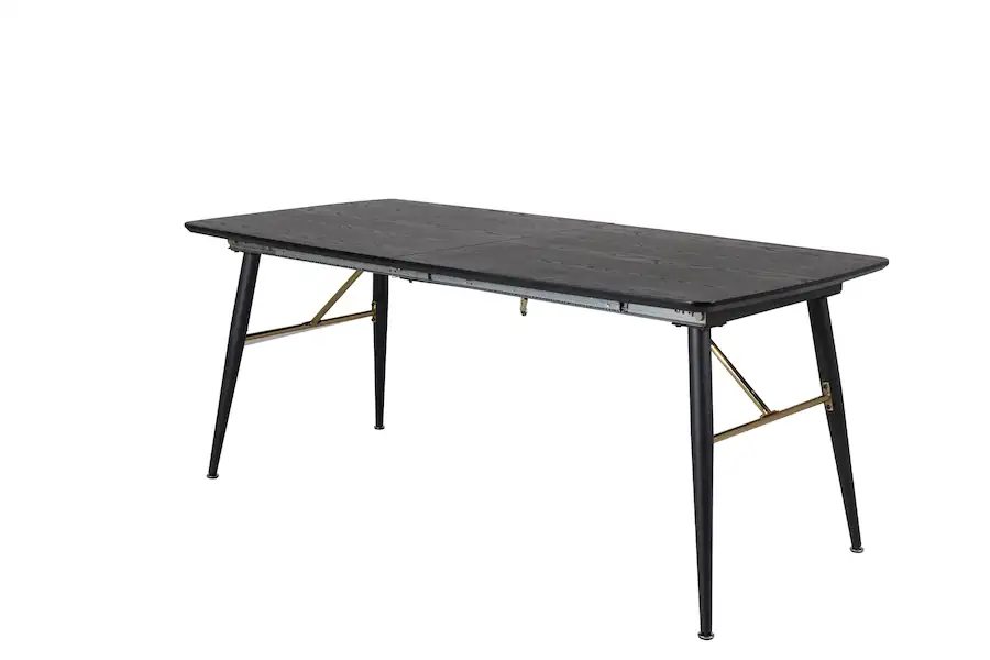 Table à manger extensible noire Venture Home de trois quarts, pieds évasés en métal noir