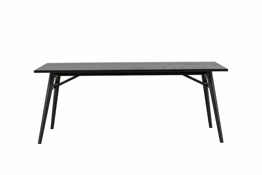Table à manger acier noir Venture Home vue de face, pieds évasés en métal reliés par des traverses inclinées