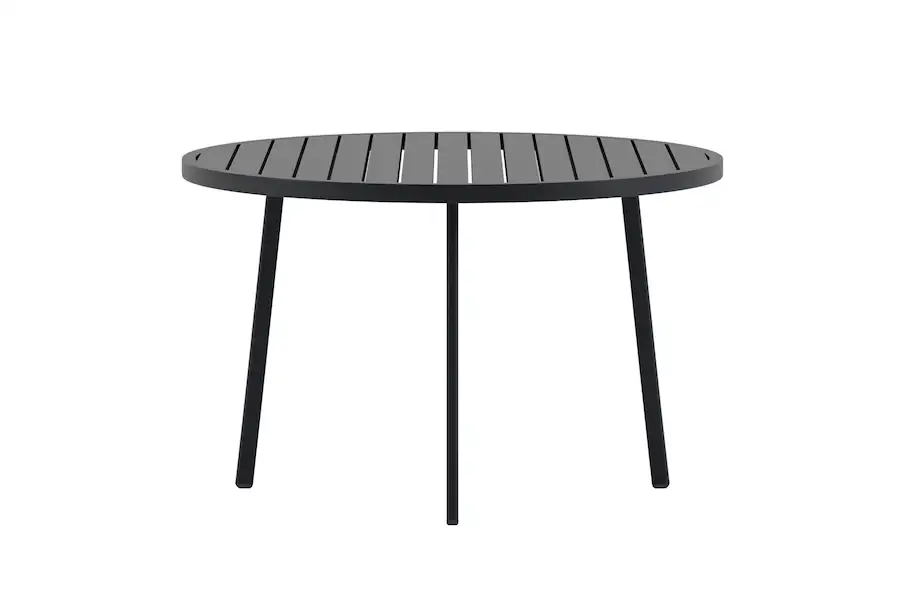 Table de jardin ronde Giardini, plateau à lames vu de face en légère plongée
