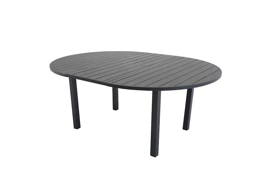 Table de jardin extensible Marbella ovale en aluminium noir, plateau à lames, rallonge fermée