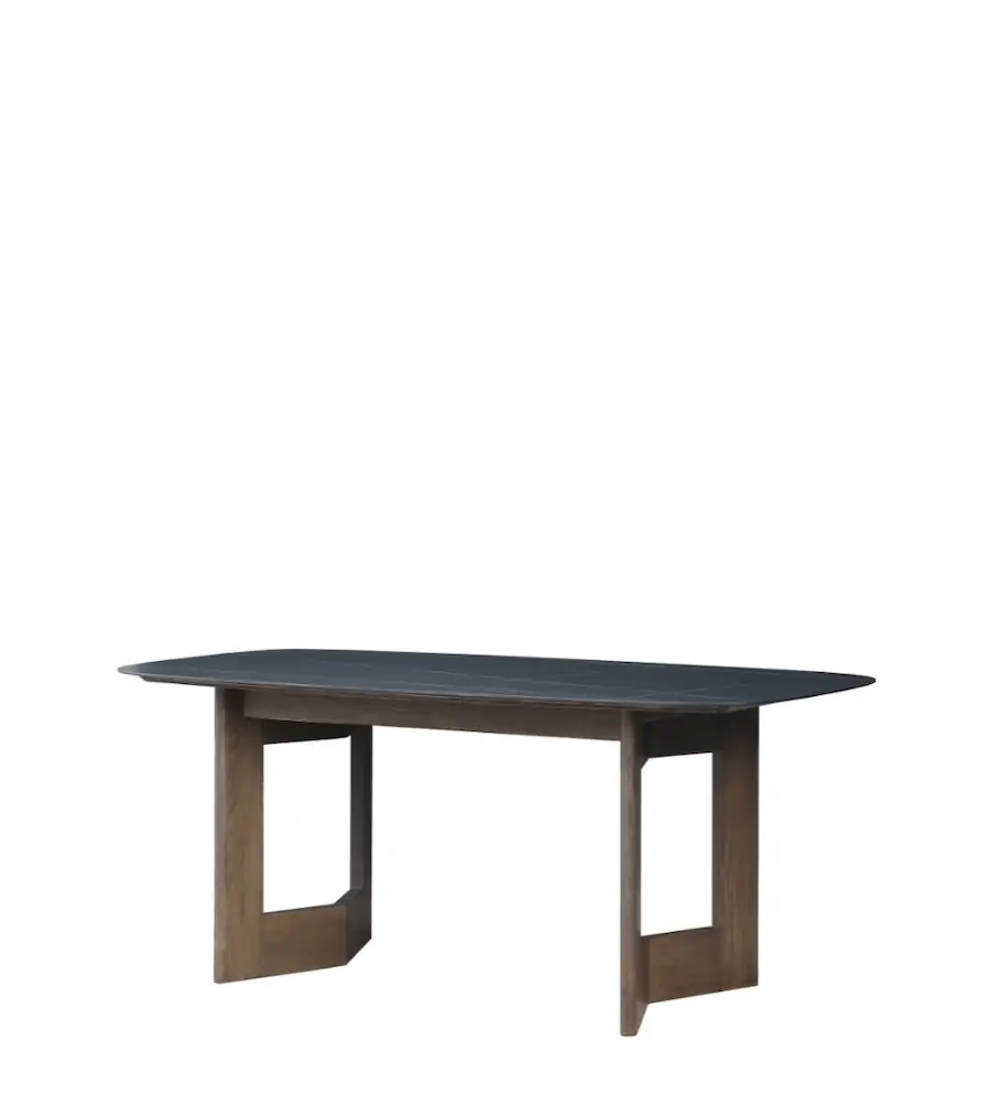 Table à manger Manre noire d'Athezza, plateau veiné et pieds panneaux en bois brun