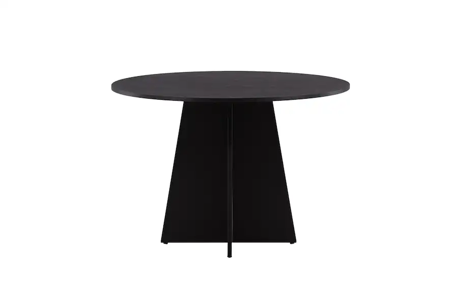 Table à manger ronde Bootcut noire vue de face, plateau et pied central en croix