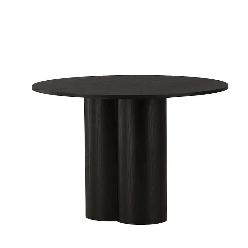 Table à manger ronde Olivia en placage bois noir, plateau fin sur trois pieds