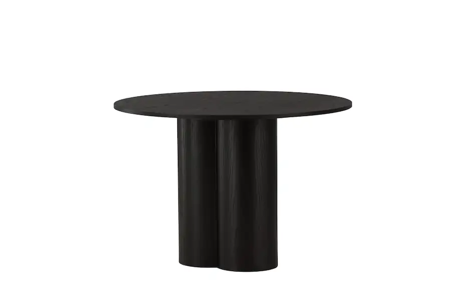 Table à manger ronde Olivia en placage bois noir, plateau fin sur trois pieds
