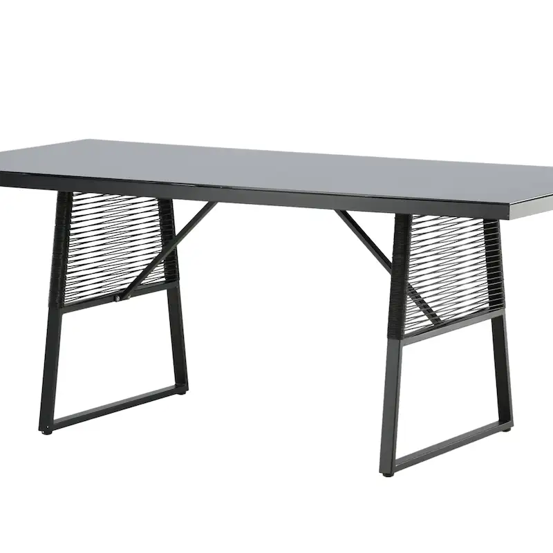 Table Dallas de trois quarts, plateau en verre et panneaux de corde aux deux extrémités
