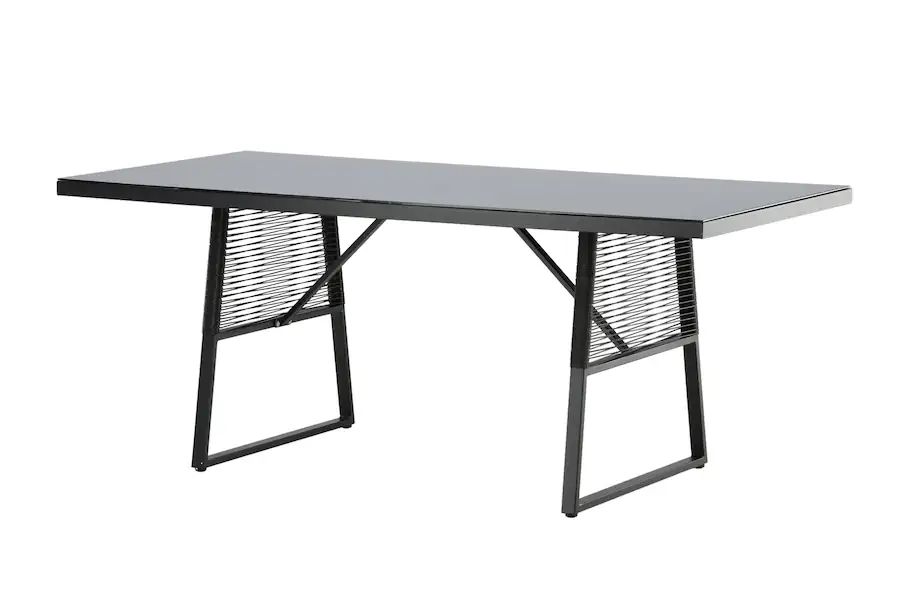 Table Dallas de trois quarts, plateau en verre et panneaux de corde aux deux extrémités