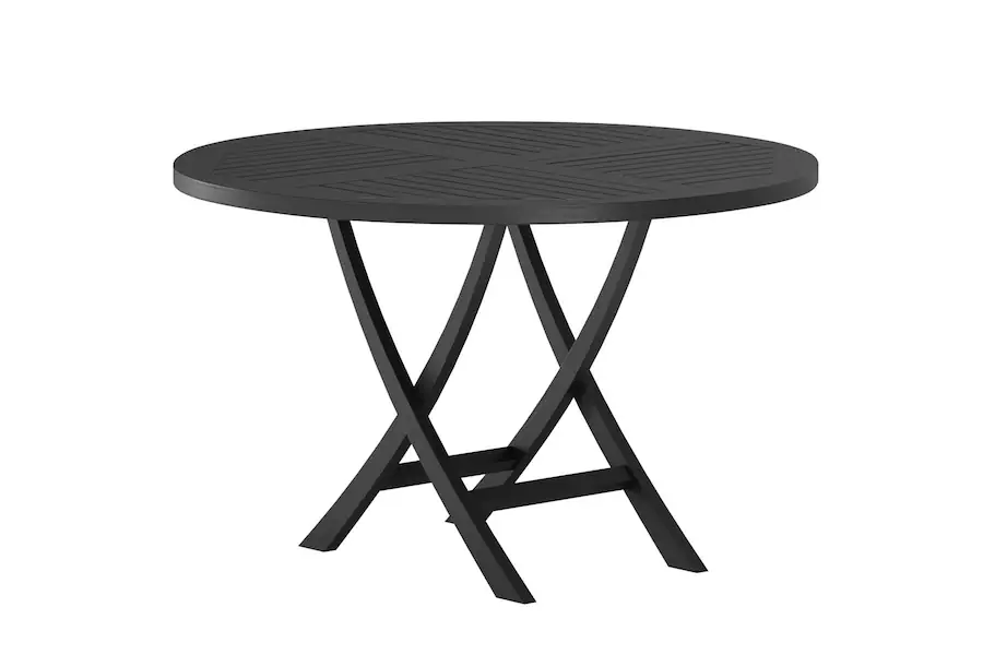 Table Kenya noire en trois quarts, plateau rond à lattes
