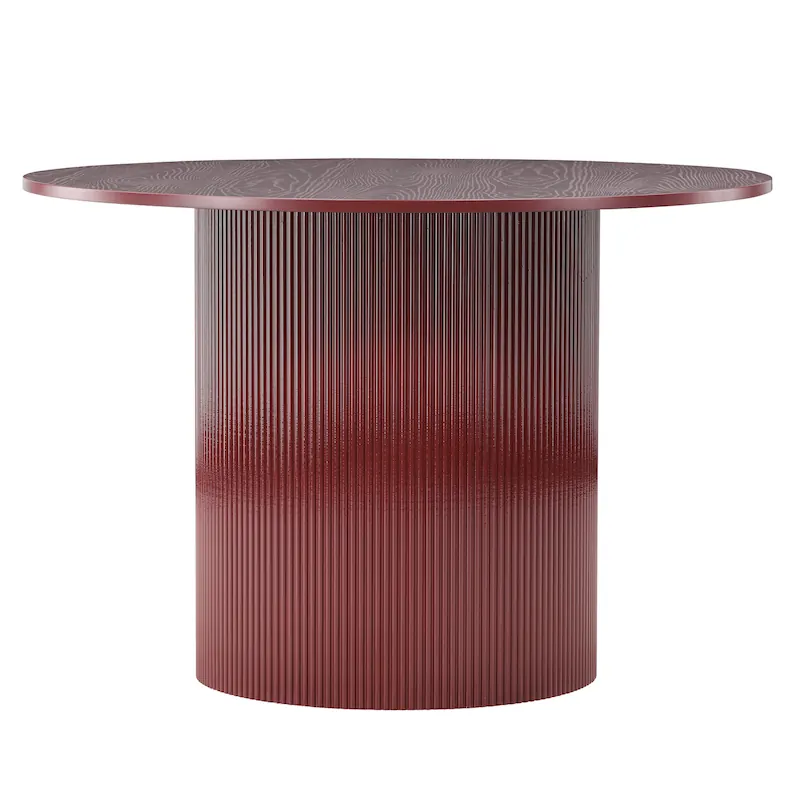 Table à manger ronde bordeaux sur pied cylindrique cannelé, vue de face