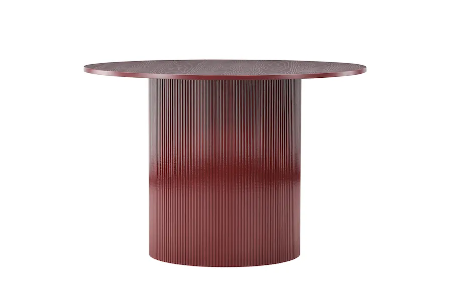 Table à manger ronde bordeaux sur pied cylindrique cannelé, vue de face