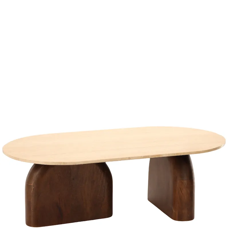 Table basse Aydin en travertin et manguier vue de trois quarts
