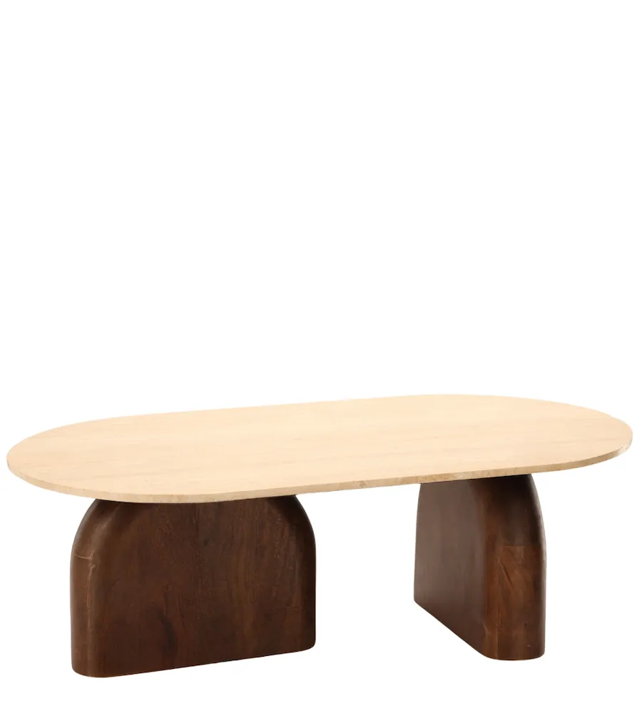 Table basse Aydin en travertin et manguier vue de trois quarts