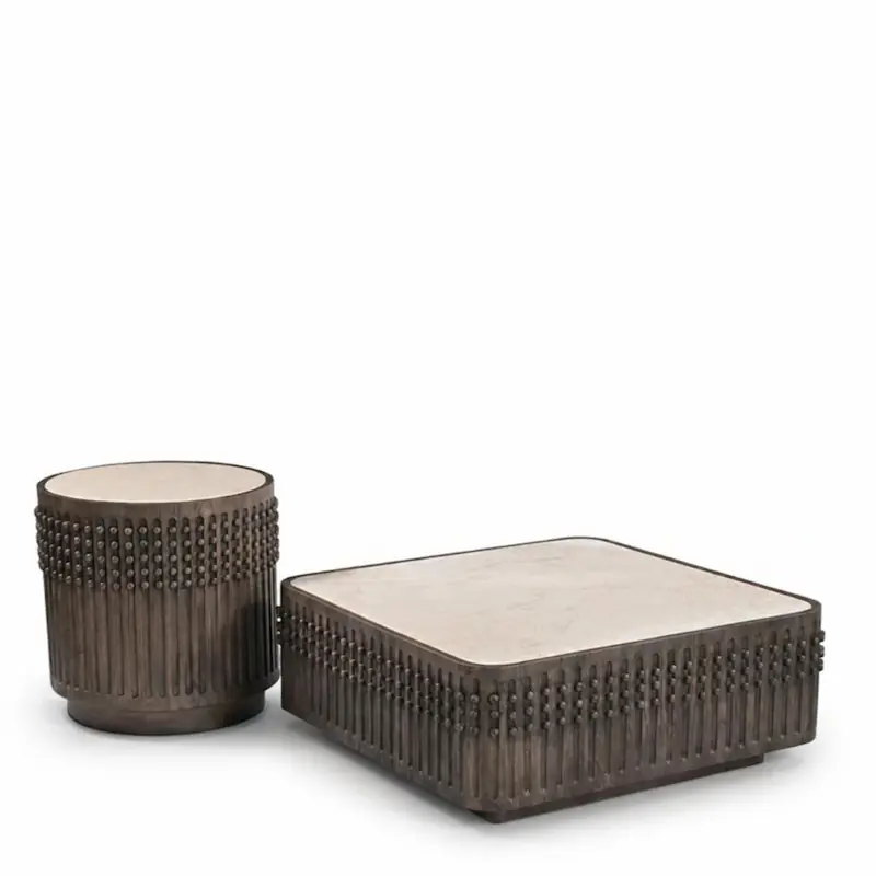 Table basse carrée Léonard d'Athezza, plateau en marbre crème et ceinture en manguier cannelé