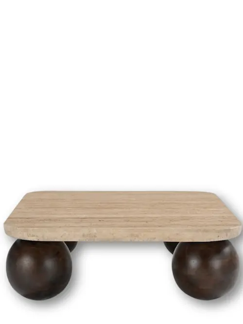 Table basse carrée Davao en travertin, pieds boules – Athezza