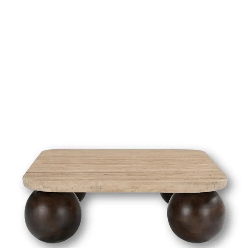 Table basse Davao en travertin sur quatre boules de bois foncé