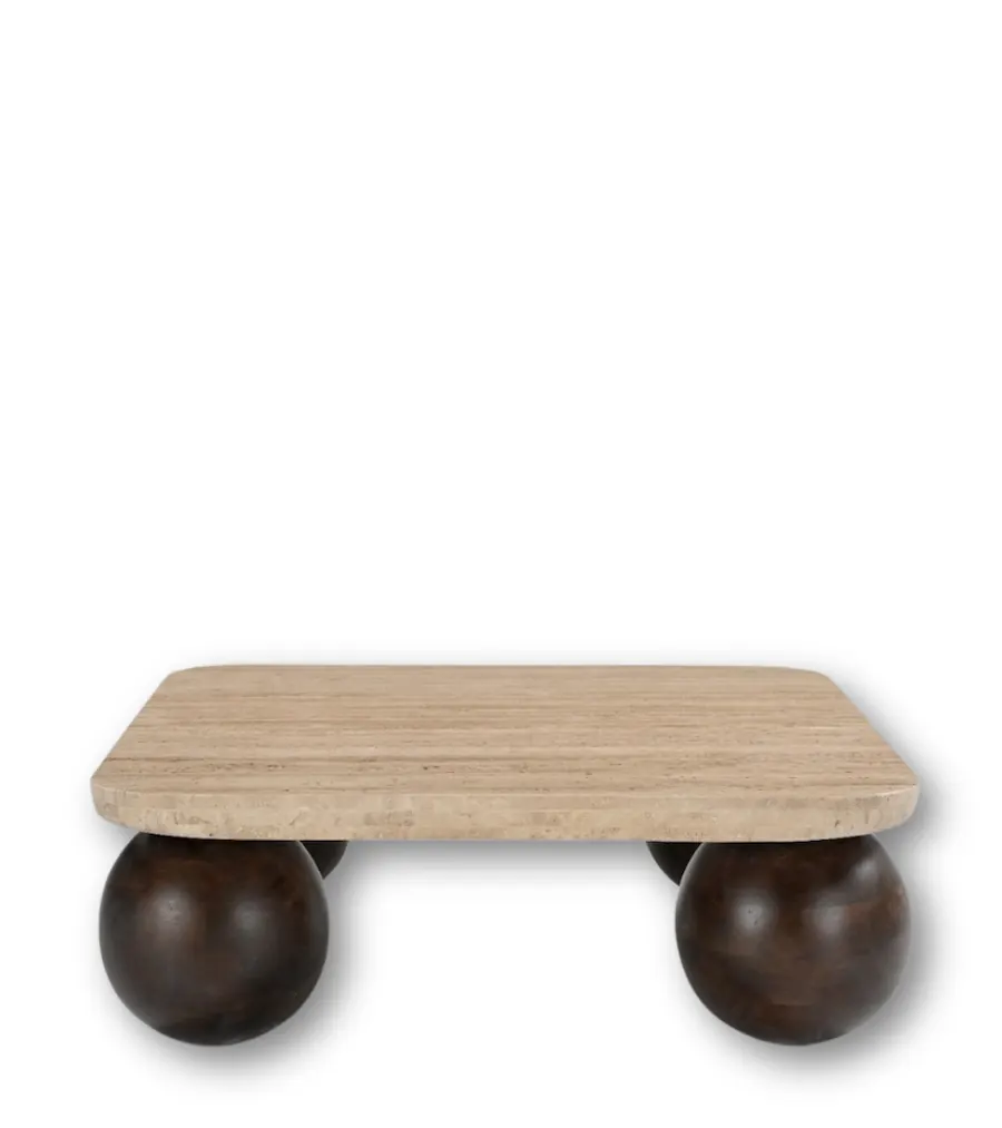 Table basse Davao en travertin sur quatre boules de bois foncé